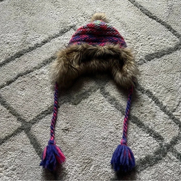 Aerie Wool Alpaca Knit Fur Pink purple  Trapper Winter Hat Pom Pom - Picture 2 of 9